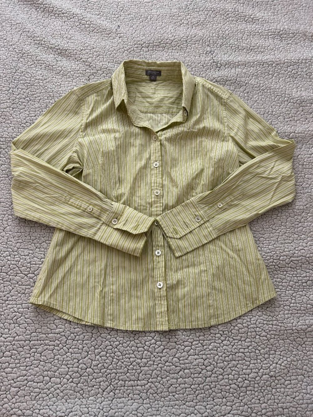 Ann Taylor -- cotton blend light green/ white striped button up collared blouse